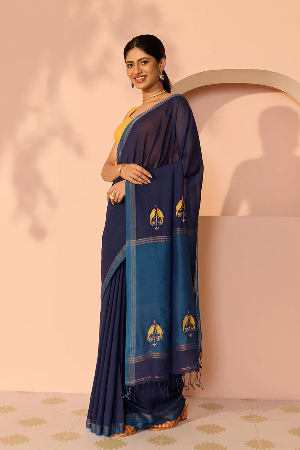 Dark Blue Bengal Pure Cotton Embroidery Saree